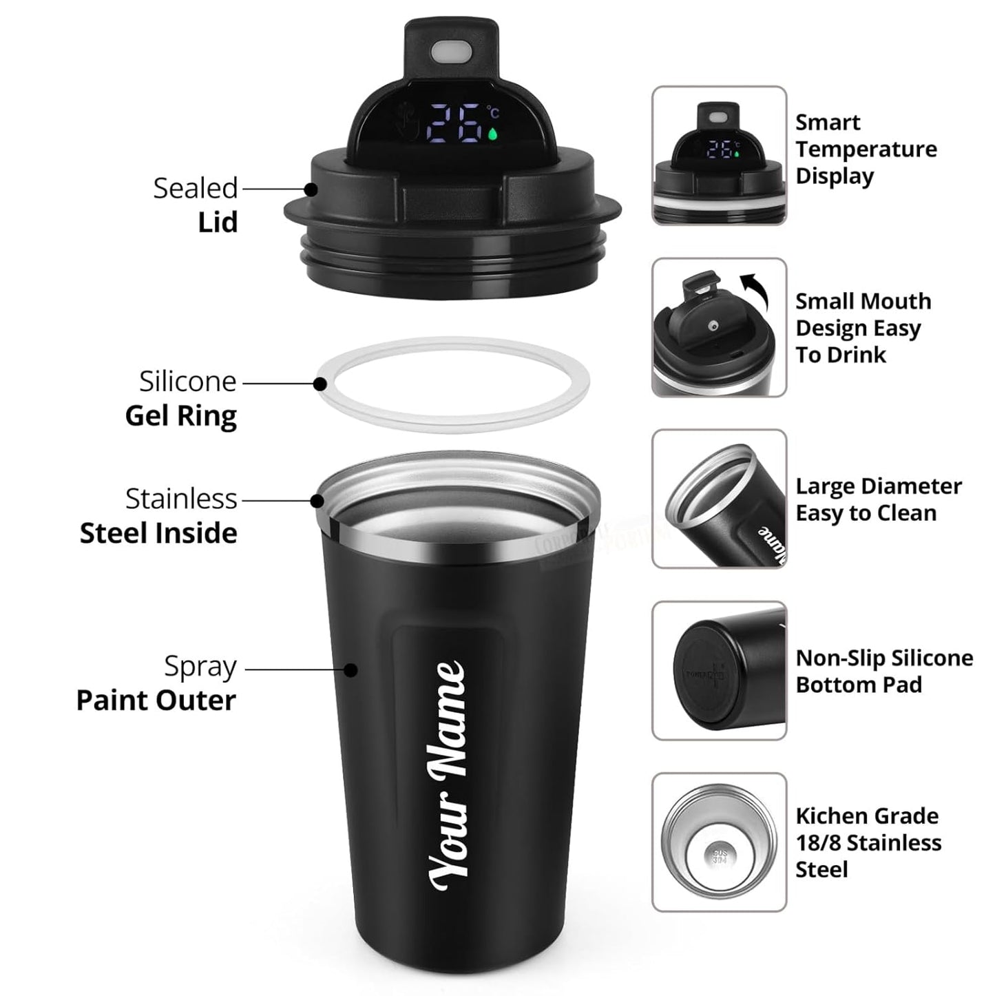 Personalized Smart Coffee Mug – 510ml Digital Temperature Display | Vacuum Insulated Thermos Flask