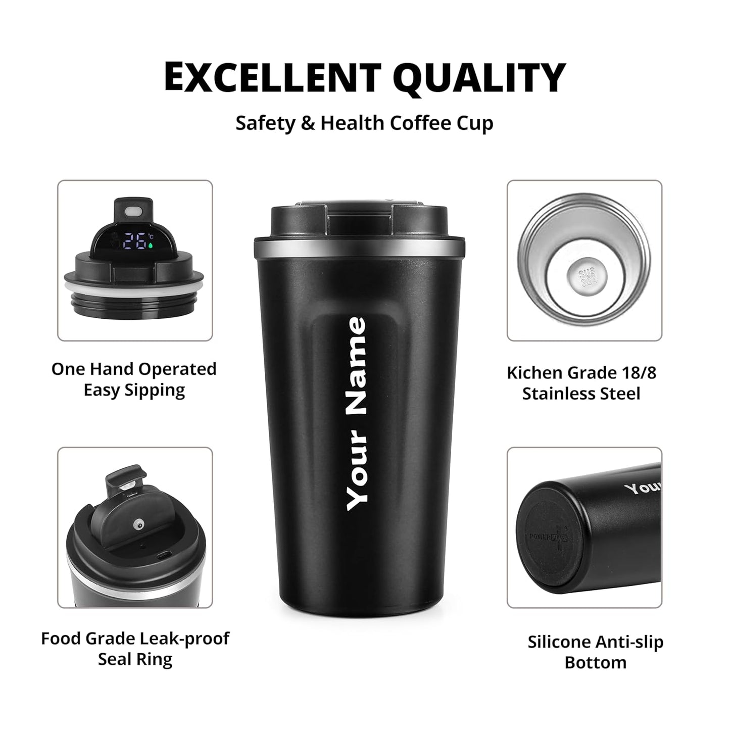 Personalized Smart Coffee Mug – 510ml Digital Temperature Display | Vacuum Insulated Thermos Flask